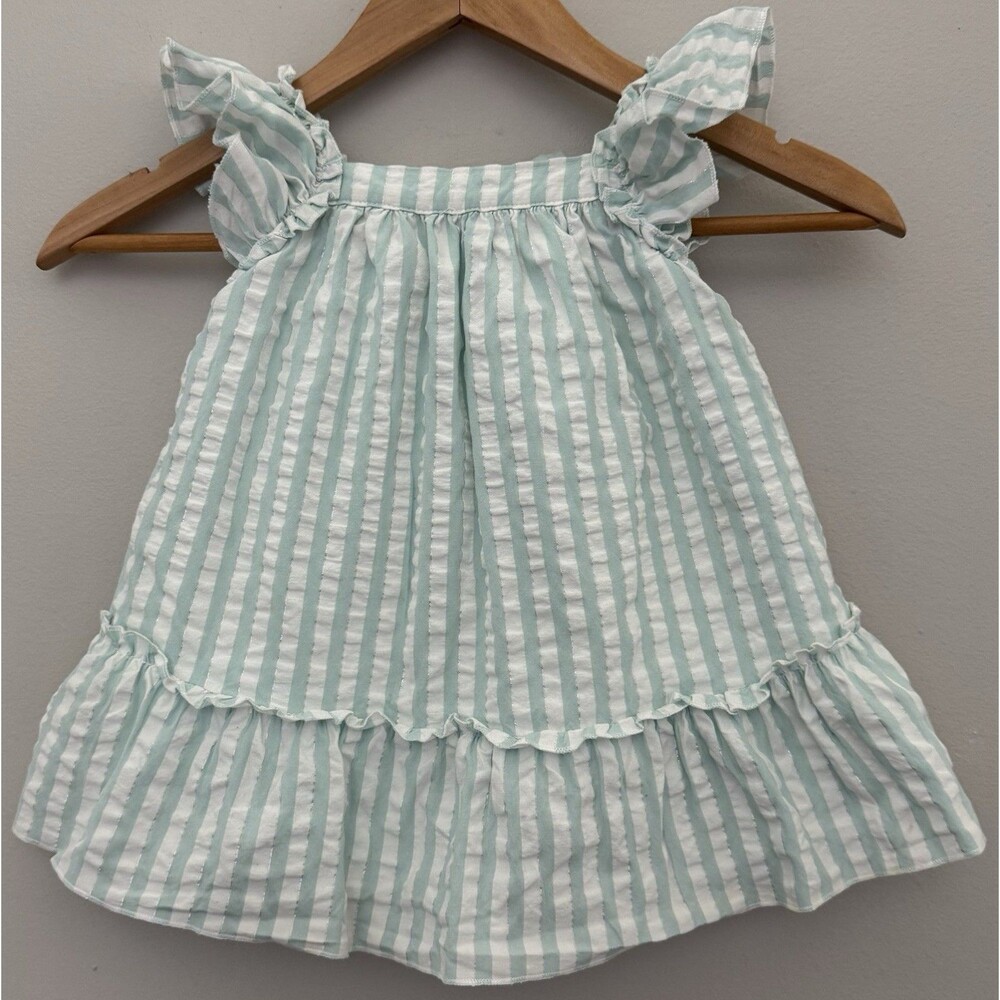 First Impressions 2T Aqua/White/Silver Striped Flutter Sleeve Summer Dress